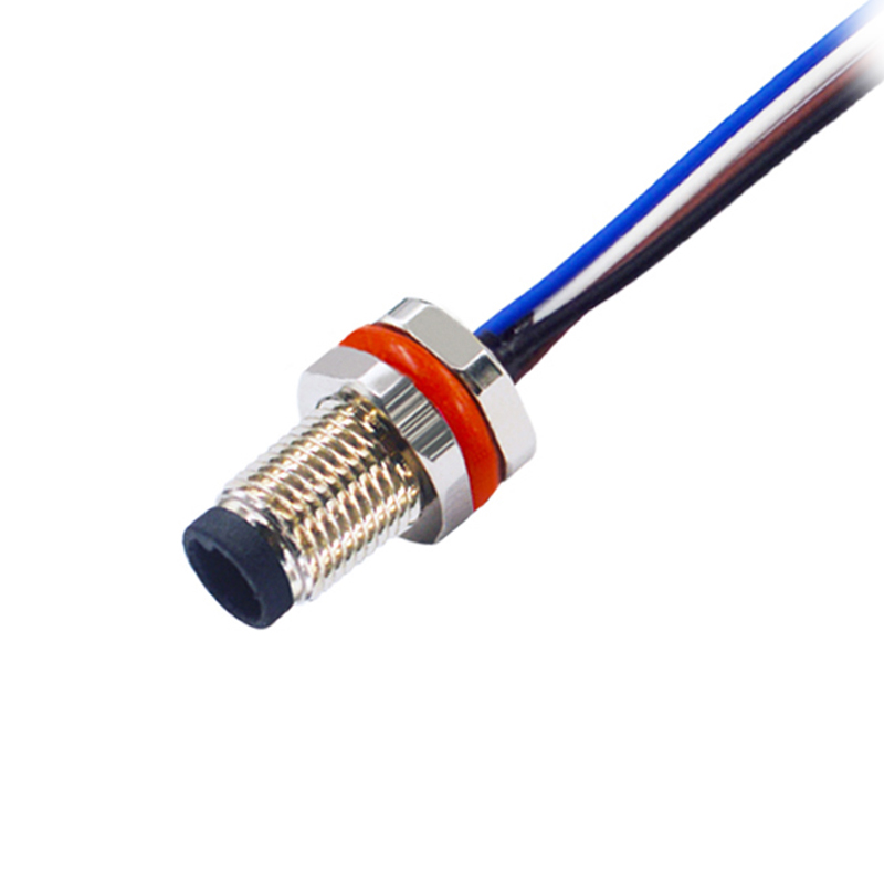 M5 3pins A code male straight front panel mount connector,unshielded,single wires,26AWG 0.14mm²,brass with nickel plated shell